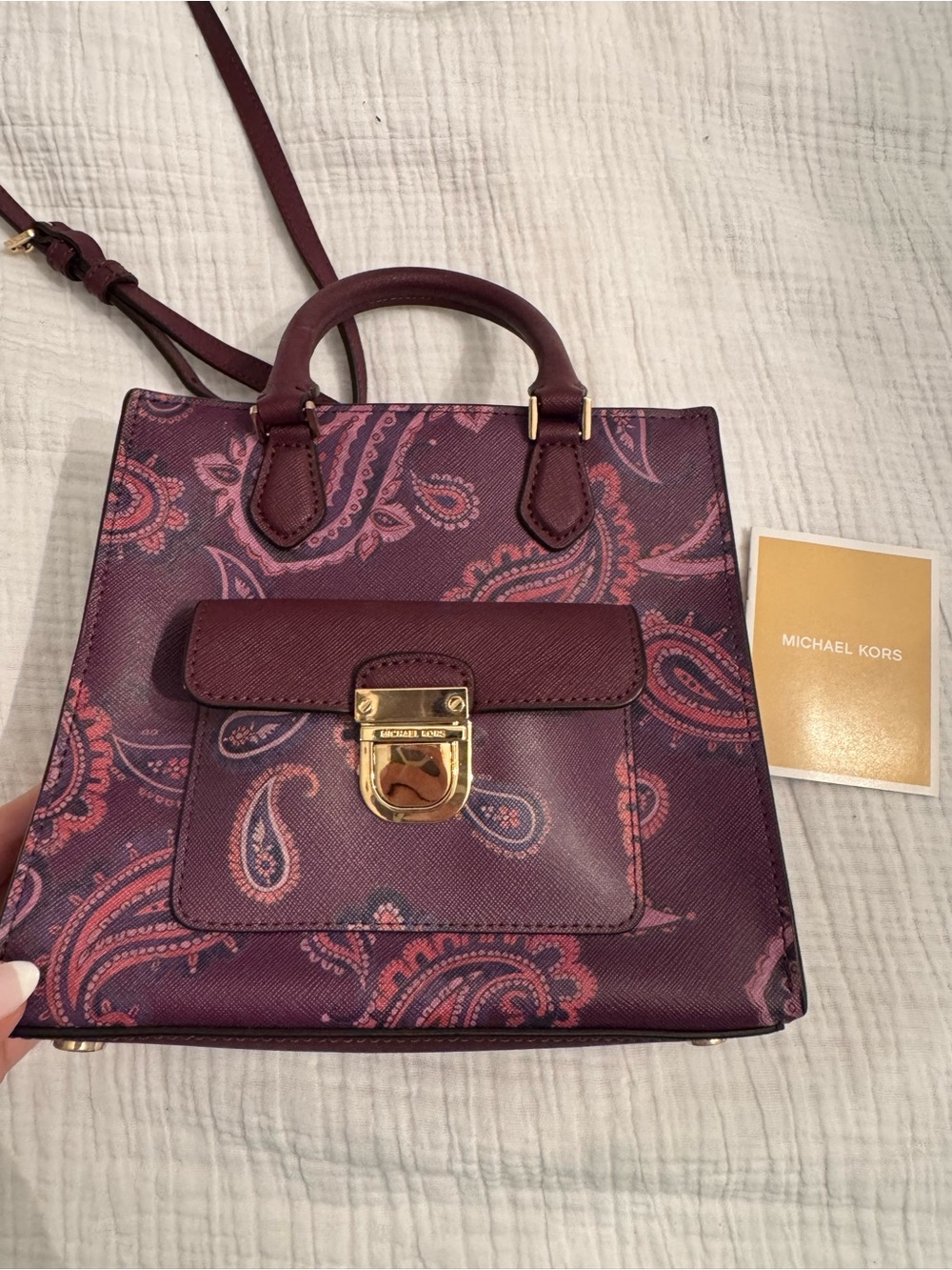 Michael Kors Plum Paisley Saffiano Mini Tote with Gold Hardware